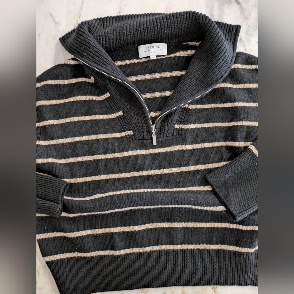 La Ligne Marino Wool Quarter Zip Oversized Sweater Black W Beige Stripes
